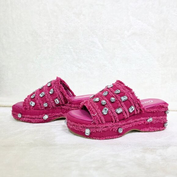 Hipster Denim Distressed Frayed Trim Rhinestone 2" Flatform Sandals Hot Pink - Picture 3 of 10